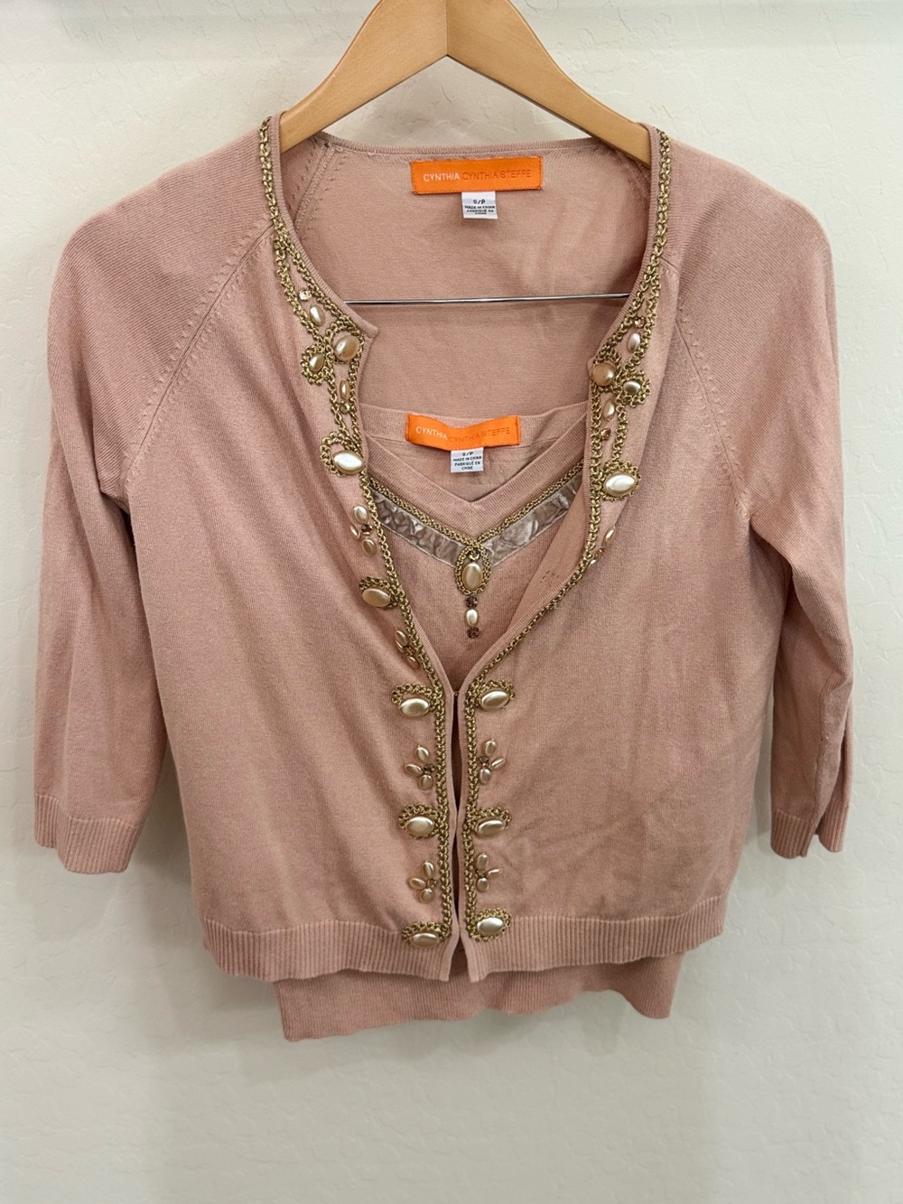Cynthia Steffe SILK Blend Embellished Cardigan Tank Shell Twinset Pink Small